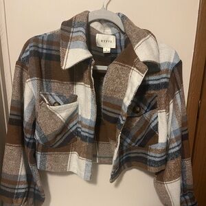 Brown and Blue Plaid cropped Utility Jacket